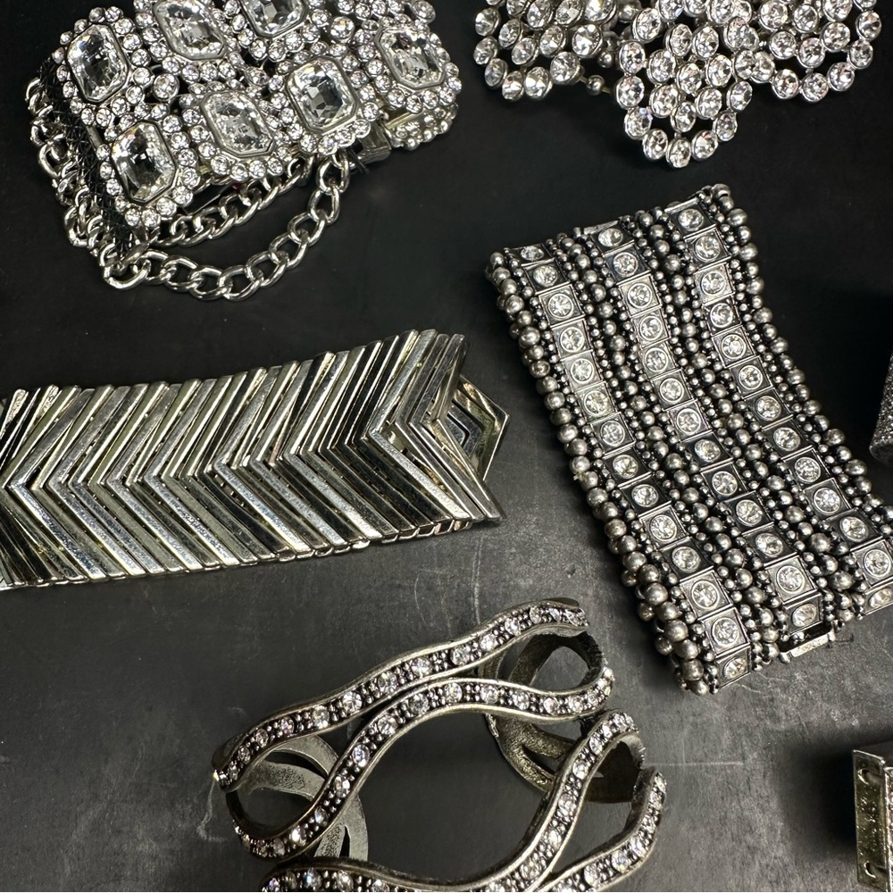 Silver and Gold Tone Statement Rhinestone Sparkle Party Evening Bracelet Lot Set - Picture 3 of 6